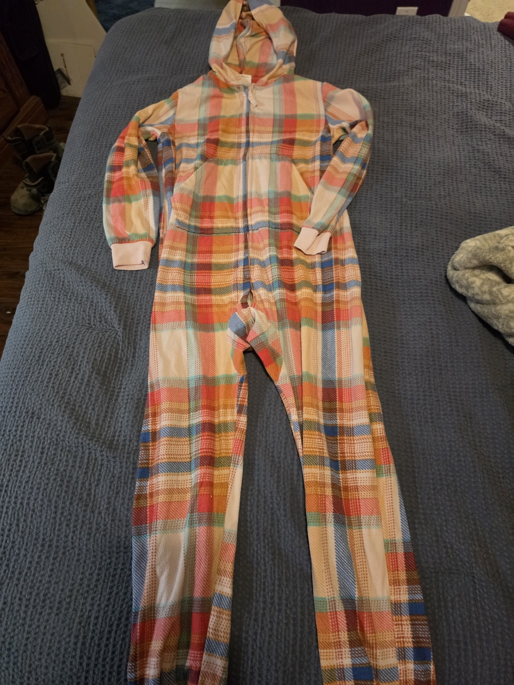Cat & Jack Multicolor Plaid Hooded One-Piece - Pink, Orange, Blue